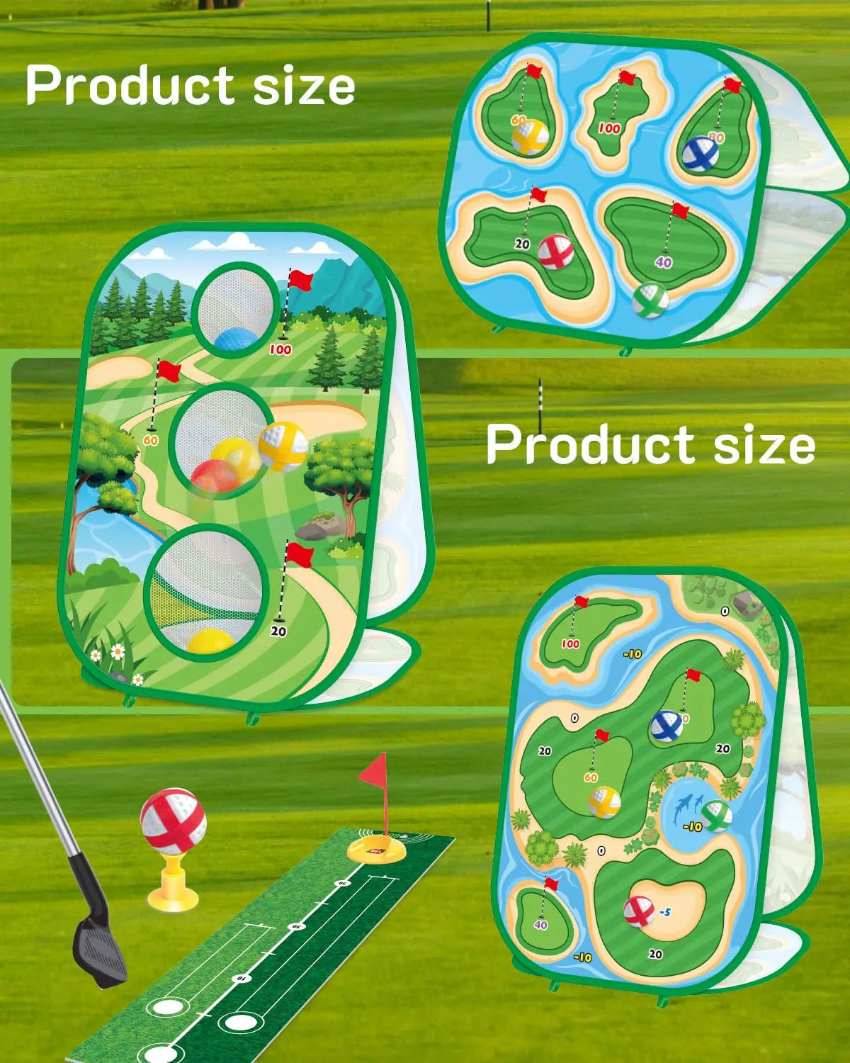 4-in-1 Golf Practice Game Set – Putting Mat, Chipping Net & Target Game for Kids and Families