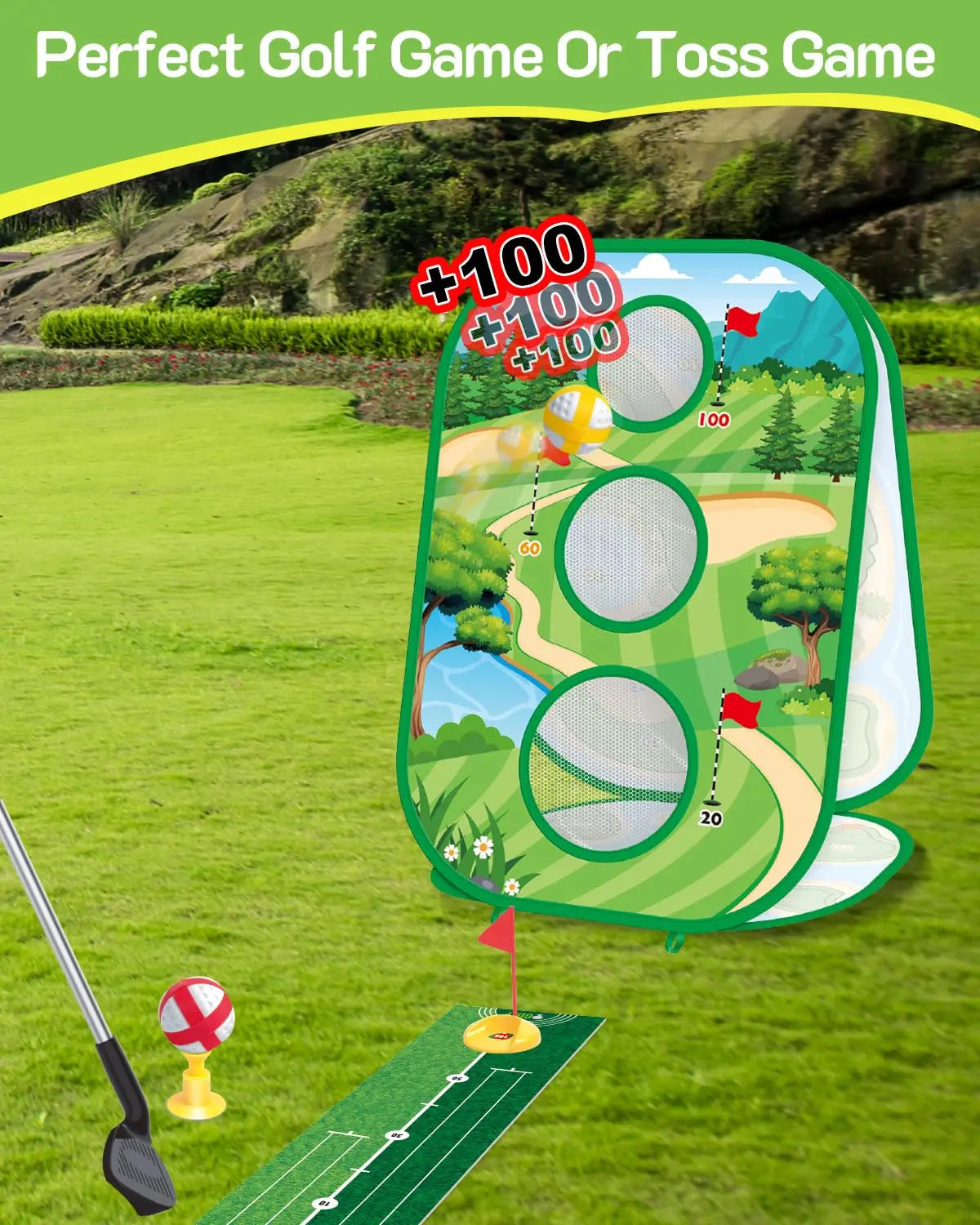 4-in-1 Golf Practice Game Set – Putting Mat, Chipping Net & Target Game for Kids and Families