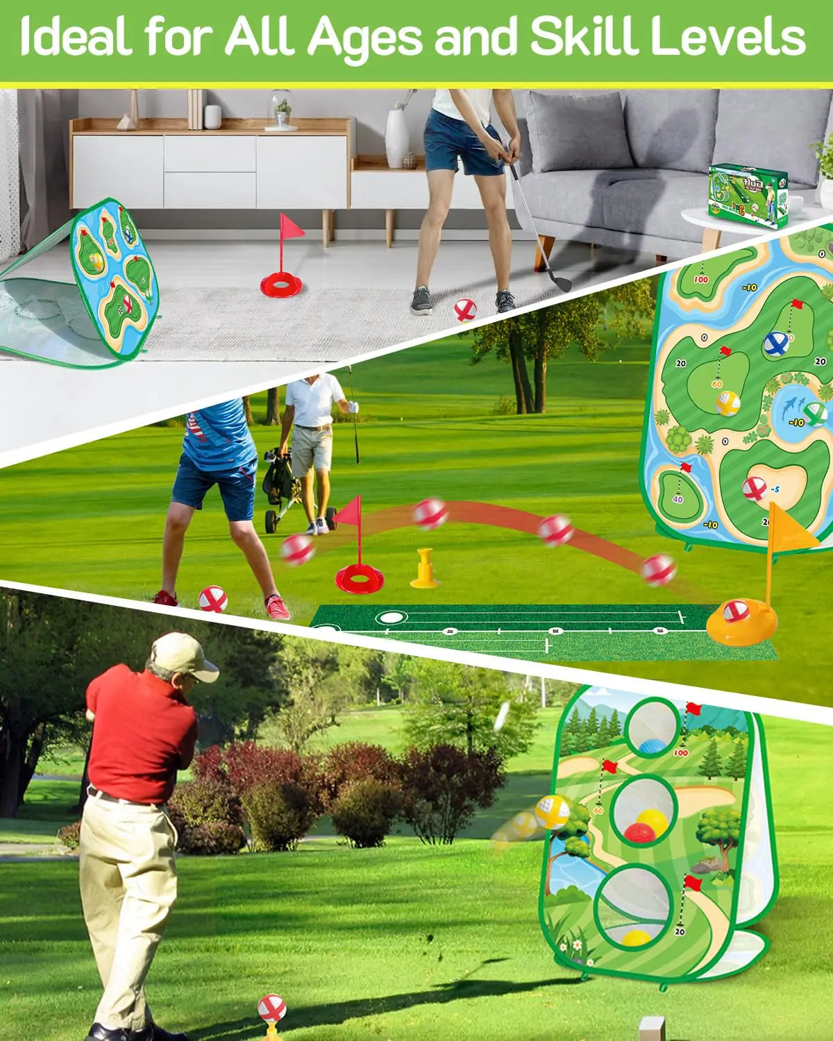 4-in-1 Golf Practice Game Set – Putting Mat, Chipping Net & Target Game for Kids and Families